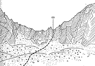 Рис. 82. 69 — пер. Кант-Бас-Тау с правой боковой морены лед. Чон-Аксу (№ 536). Зарисовка в северном направлении с расстояния 1,5 км от седловины перевала